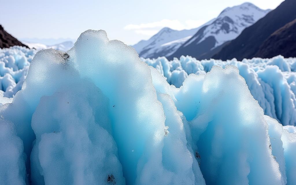 A dramatic close-up of a melting glacier in the Andes mountains.
