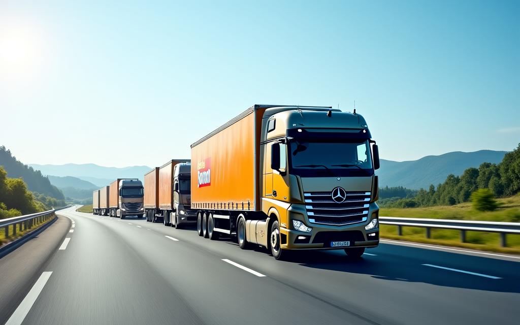 A fleet of branded delivery trucks on a European highway.