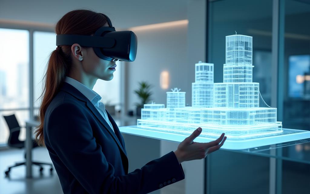 A person in a business suit using a VR headset to interact with a virtual building model.