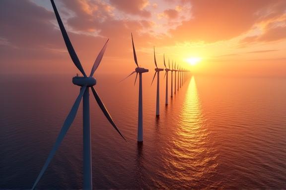 A drone's-eye view of a large offshore wind farm at sunset.
