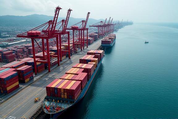 An aerial shot of a busy shipping port with cargo ships and cranes.