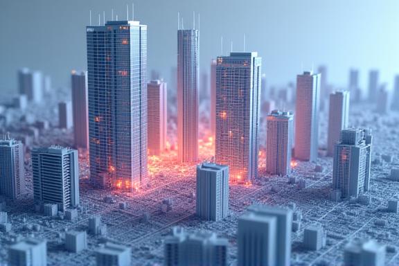 A 3D wireframe model of a city district with proposed new buildings highlighted.