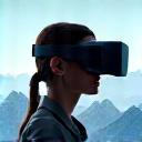 A person wearing a VR headset, exploring a 3D model of a mountain range.