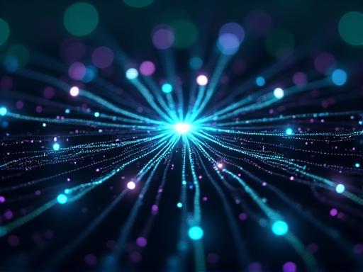 An abstract visualization of a neural network with glowing data nodes.