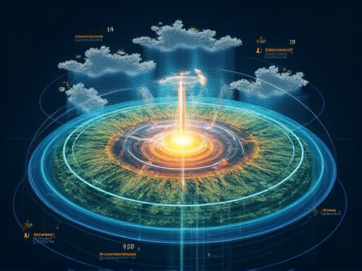 A layered diagram showing data from satellites, drones, and ground sensors converging.